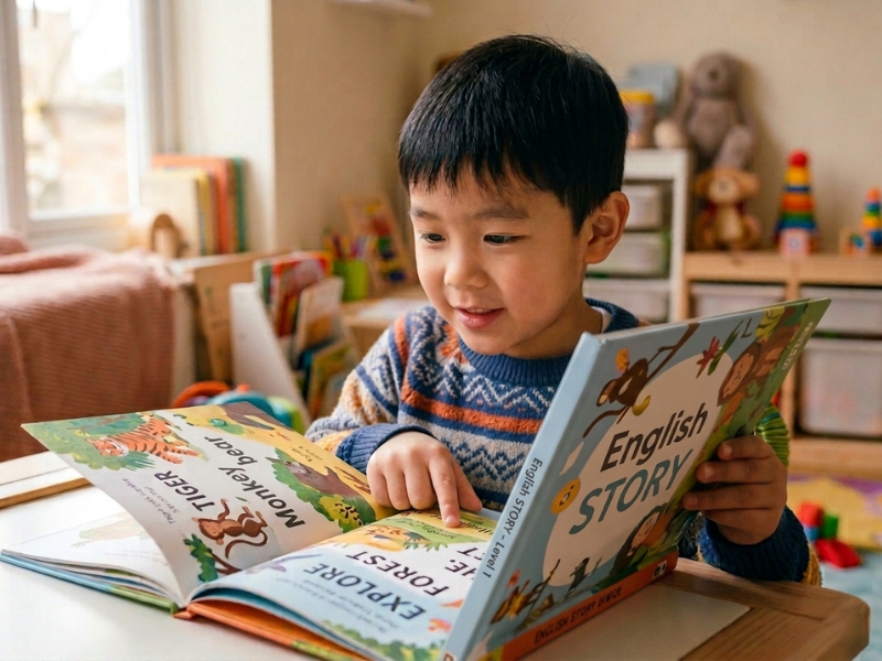 A curious child engaged with an English storybook