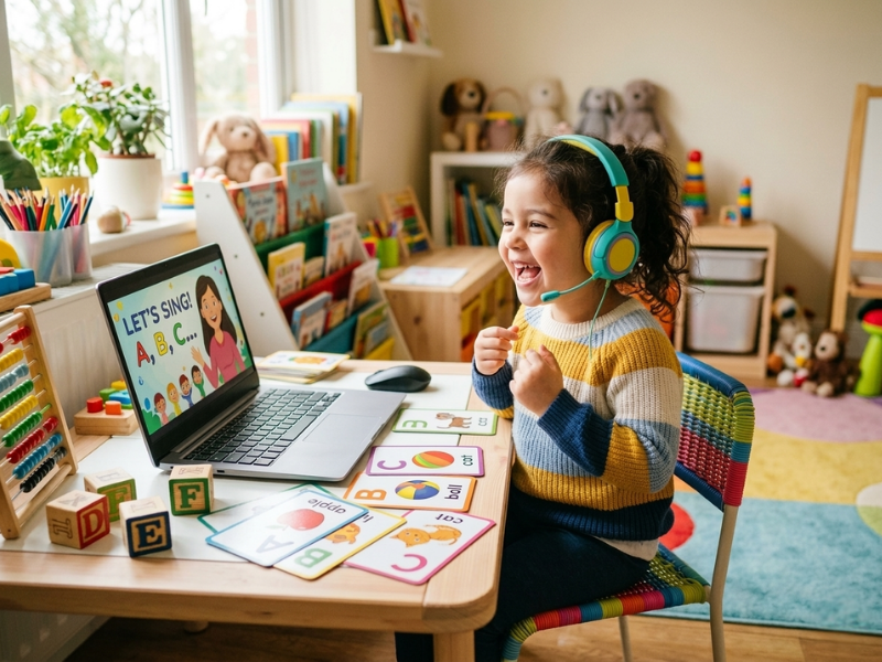Young child enjoying a playful online learning session