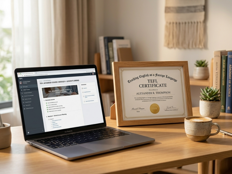 Professional desk setup with TEFL certificate, laptop showing online course, and coffee cup