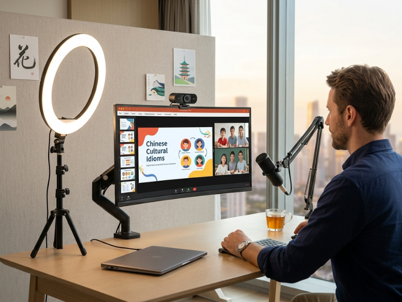 Professional home teaching studio with ring light, microphone, and quality webcam setup