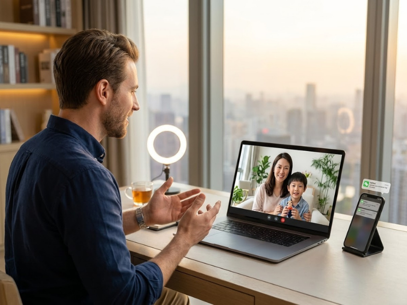 Online tutor on video call with Chinese parent, building strong cross-cultural partnership