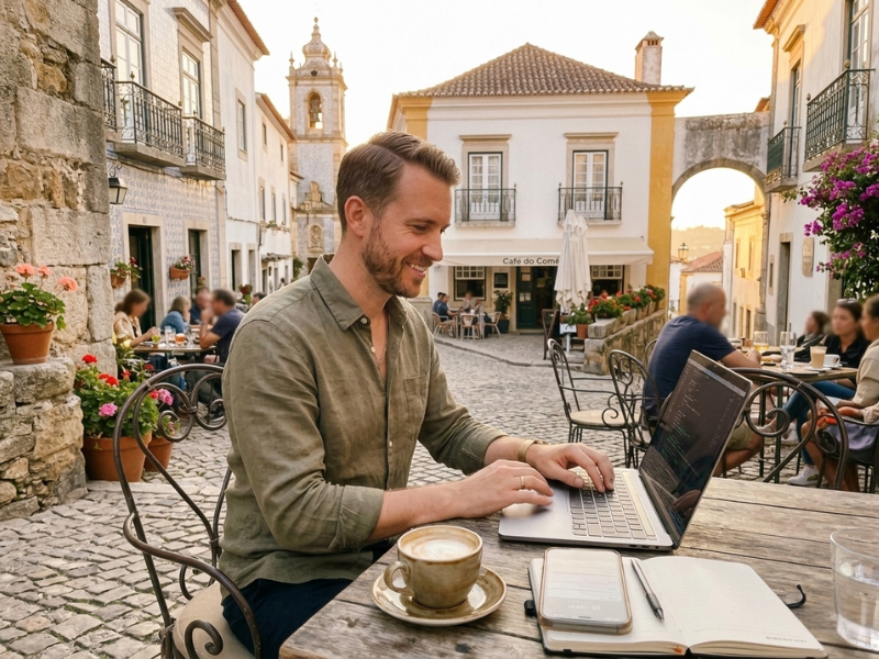 Digital nomad teacher working at a European cafe terrace with laptop and coffee
