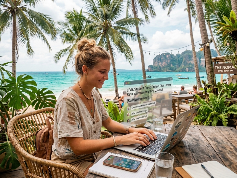 Online teacher working remotely from a tropical beachside setting in Southeast Asia