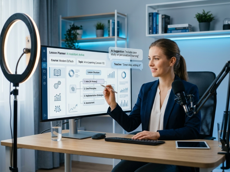 Online teacher using AI-powered lesson planning tools on a modern workspace setup