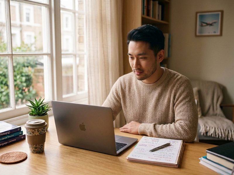 Student completing an online TEFL course at home with laptop and study materials