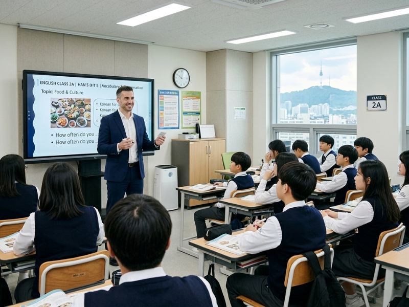 English teacher in a modern South Korean classroom with students