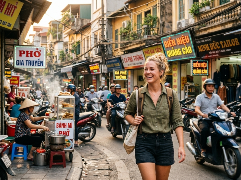 Expat teacher exploring vibrant street life in Vietnam with motorbikes and local culture