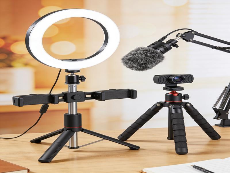 Online teaching essentials: microphone, webcam, ring light, and headphones on a clean desk