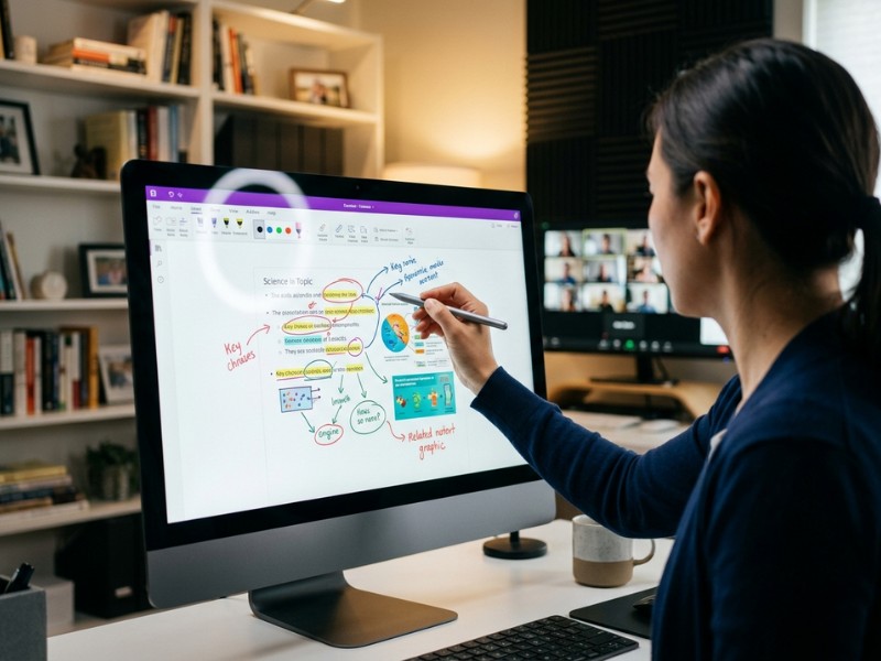 Online teacher using a digital whiteboard with colorful lesson content and annotations on screen