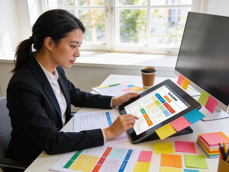 A professional reviewing curriculum documents and lesson frameworks on a tablet