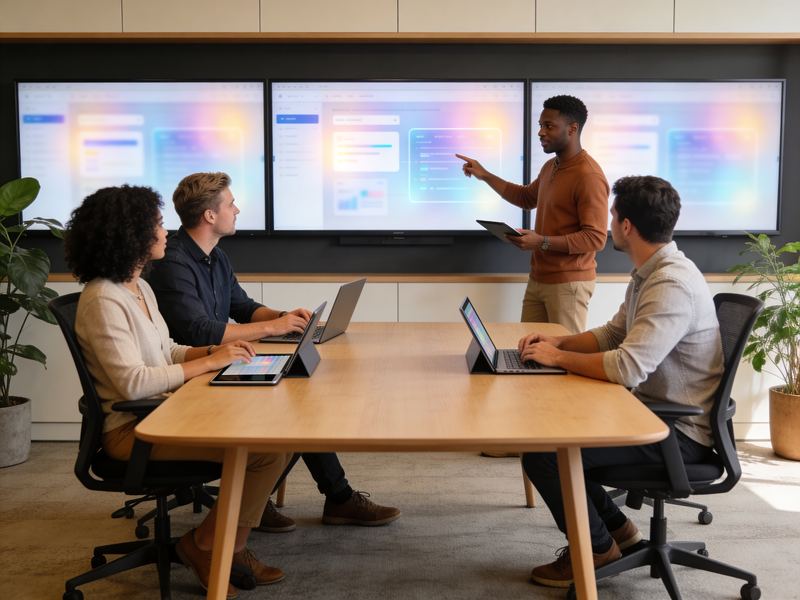 A diverse team collaborating in a modern EdTech office, reviewing educational content on a wall screen